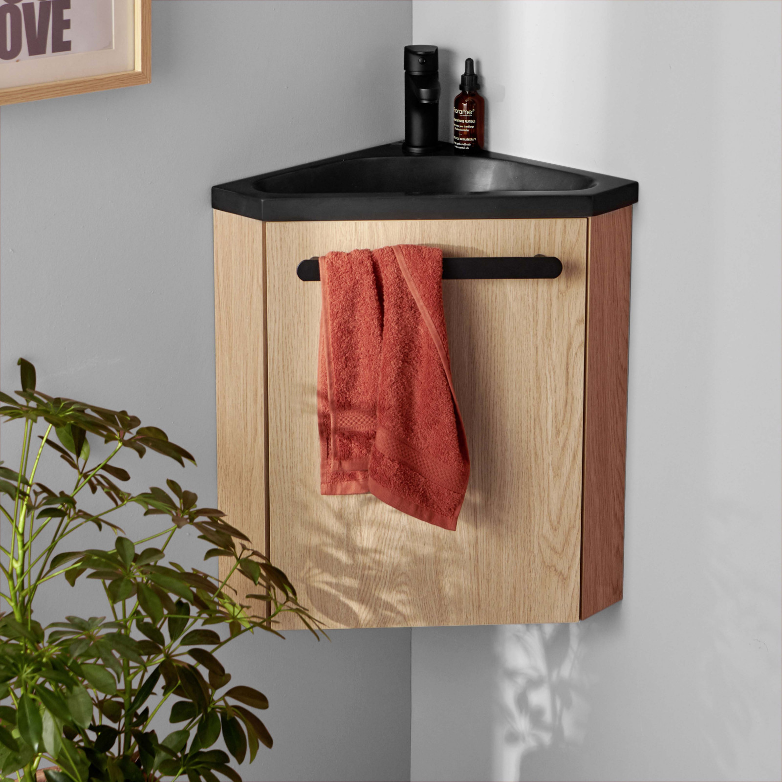 Meuble lave-mains d'angle décor chêne SKINO avec vasque noire