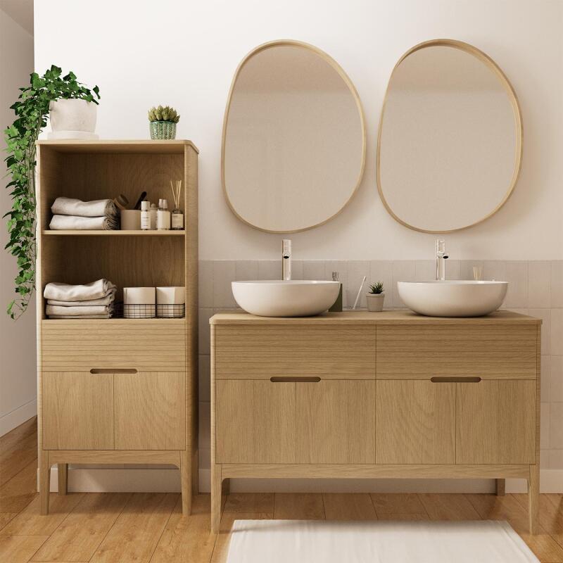 Ensemble meuble double vasque 120 cm chêne naturel + 2 vasques + 2 robinets + 2 miroirs + colonne