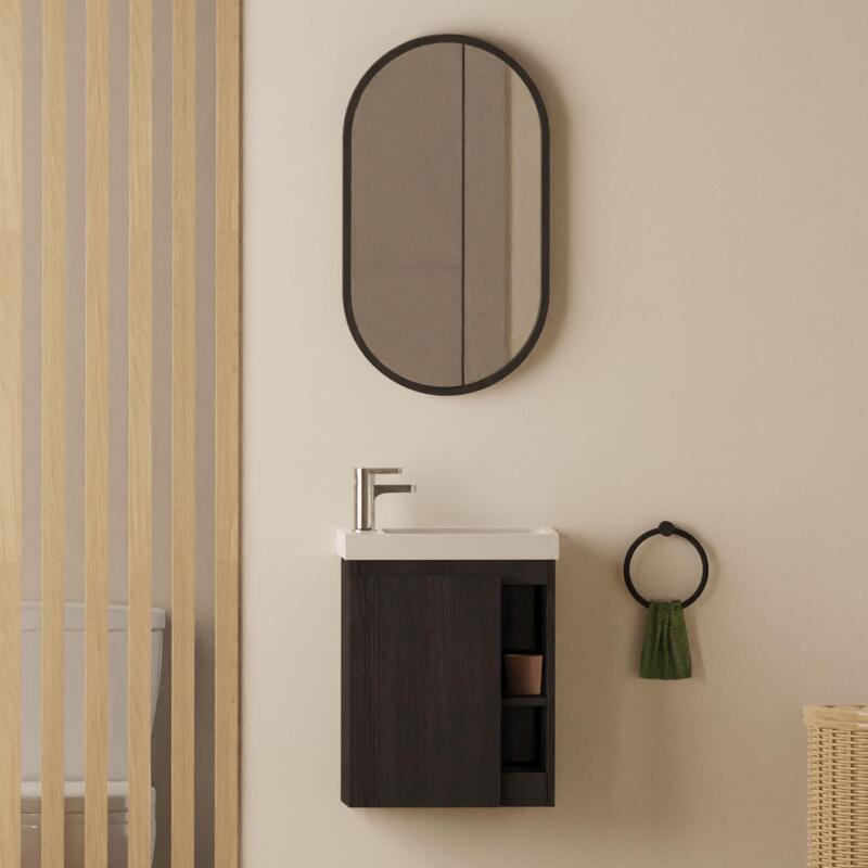 Ensemble meuble lave-mains chêne carbone vasque blanche + miroir