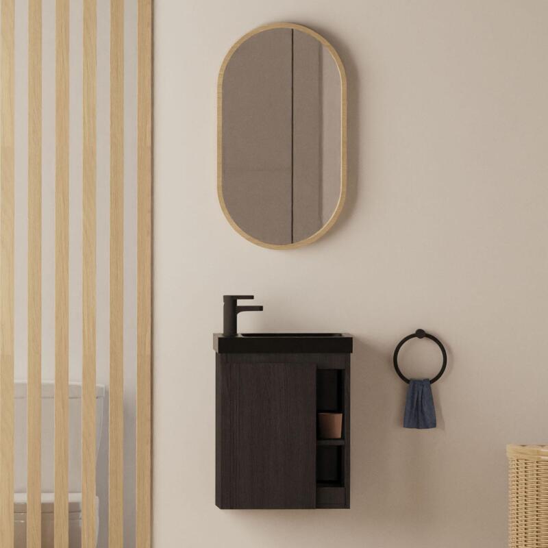 Ensemble meuble lave-mains chêne carbone vasque noire + robinet + miroir