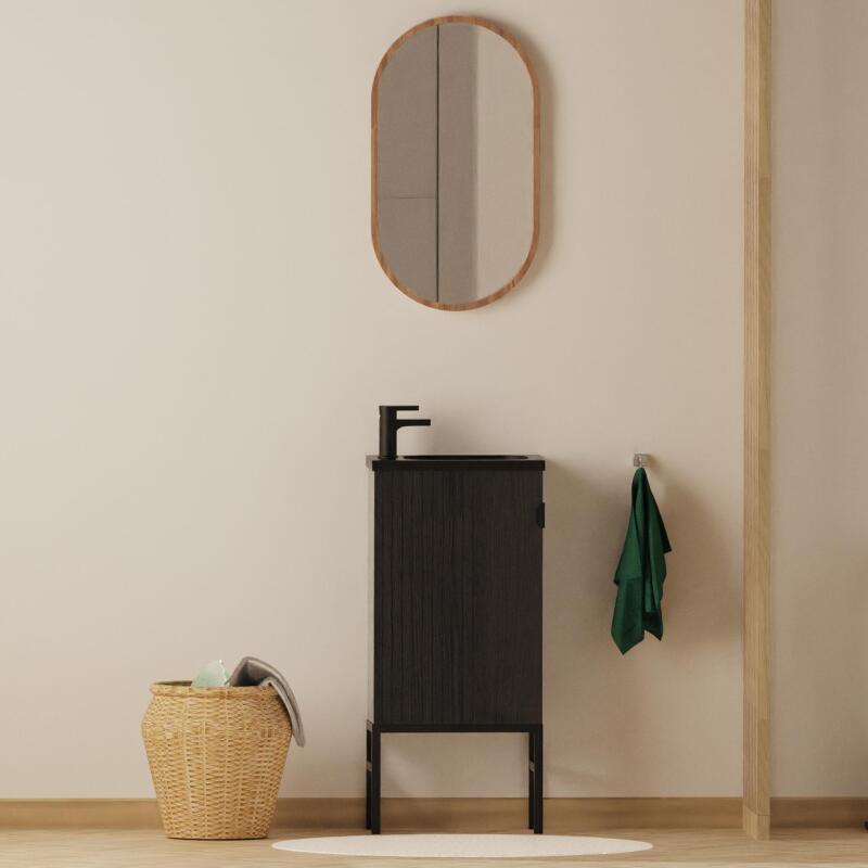 Ensemble meuble lave-mains décor chêne vasque noire + miroir