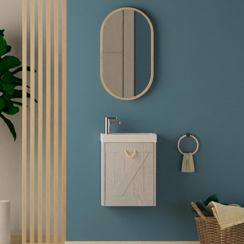 Meuble lave-mains gris bord de mer + miroir