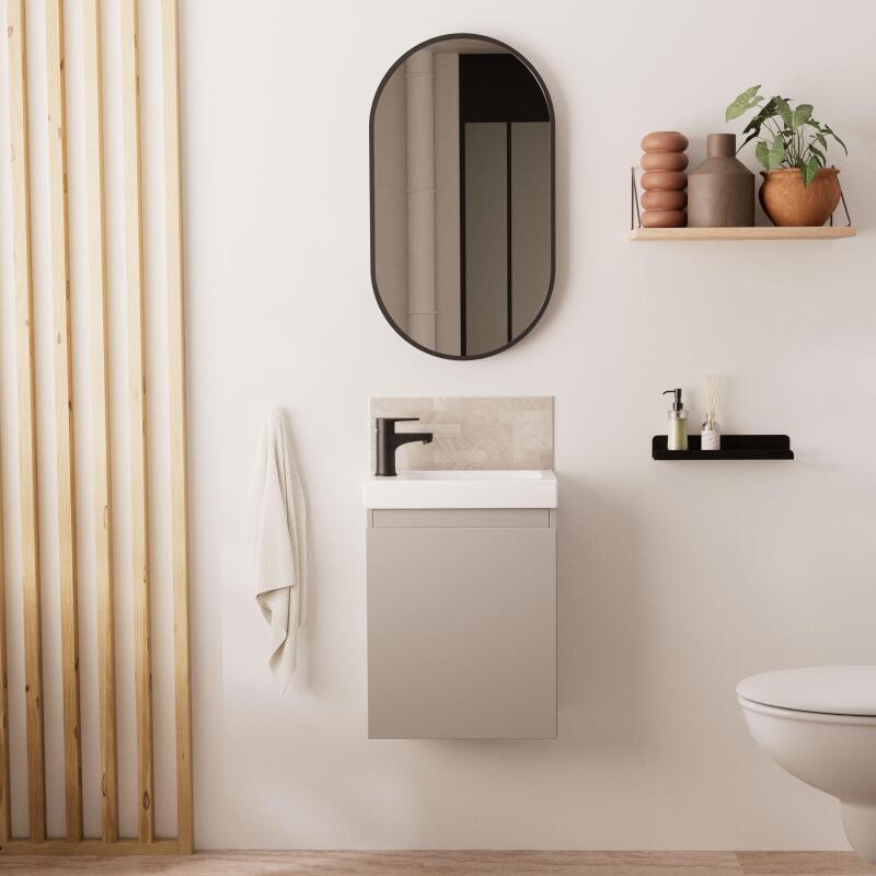 Ensemble meuble lave-mains gris sable + Miroir ovale