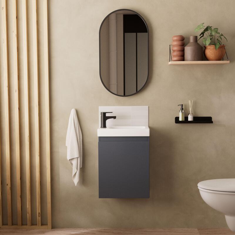 Ensemble meuble lave-mains gris sable + Robinet noir + Miroir ovale