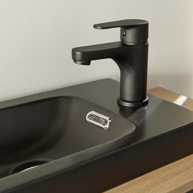 Meuble lave-mains vasque noire WILO avec robinet noir et miroir